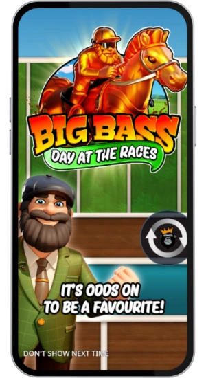 Big Bass Day at the Races slot intro screen with jockey and fisherman