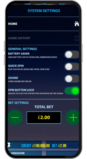 Game settings with stake adjustment and spin options