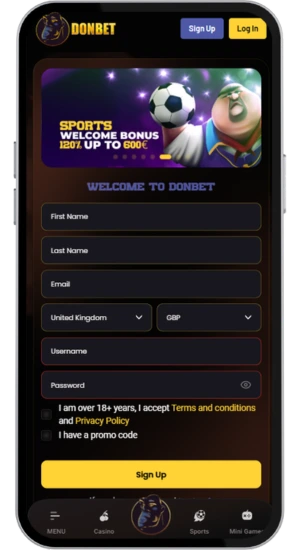 Casino registration and deposit page
