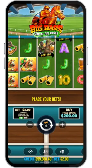 Big Bass Day at the Races base game on mobile showing scatter symbols on the reels with bet controls and Buy Free Spins button visible