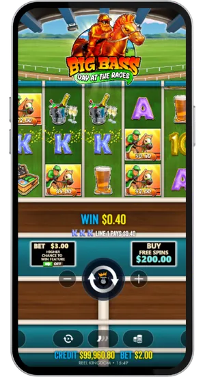Big Bass Day at the Races base game displaying a win on a payline formed by three King symbols paying zero point forty dollars