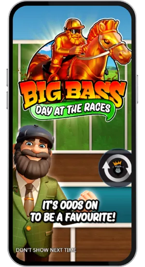 Big Bass Day at the Races intro screen showing the fisherman character in racing attire with a golden horse jockey above