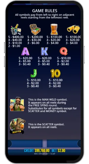 Big Bass Day at the Races full paytable showing all symbol payouts, Wild and Scatter descriptions, and general game rules