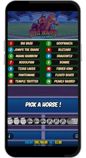 Big Bass Day at the Races Pick a Horse screen showing all fourteen named horses and available modifier options before Free Spins begin